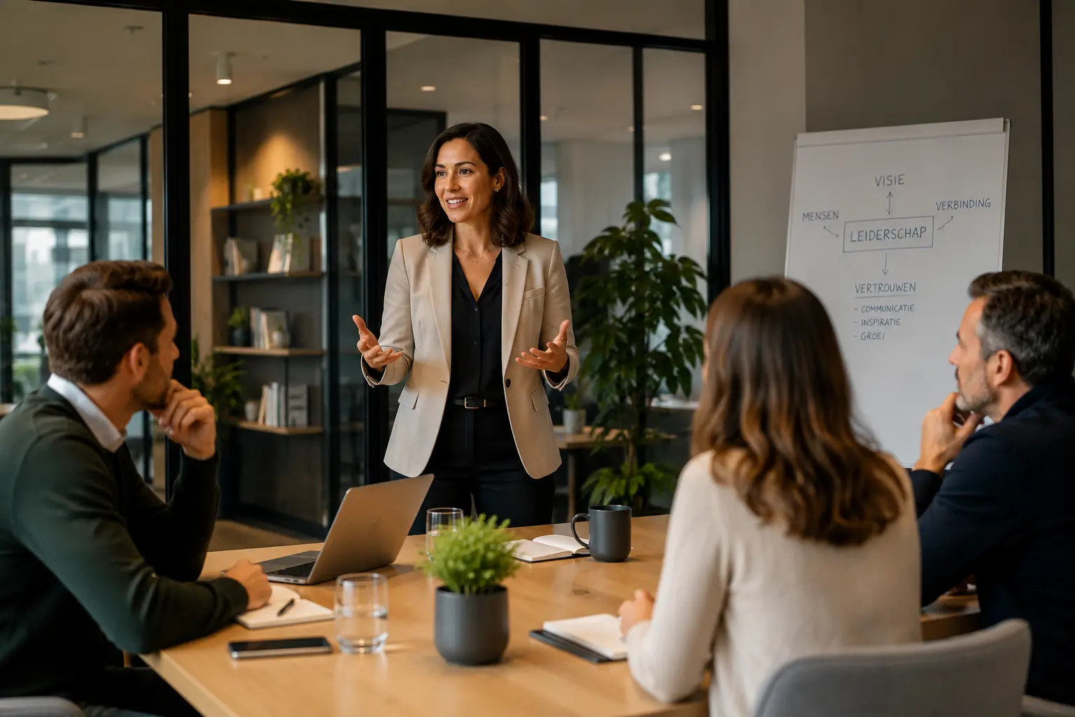 Leidinggevende in gesprek met haar team